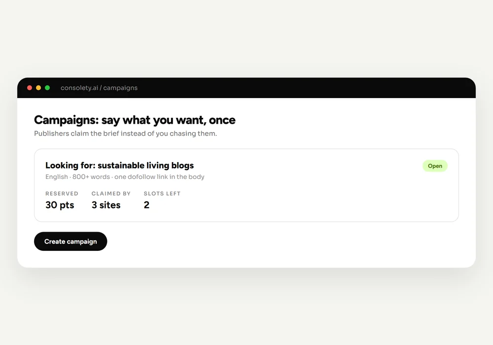 Consolety campaign marketplace showing an open guest post brief with reserved points and claimed slots