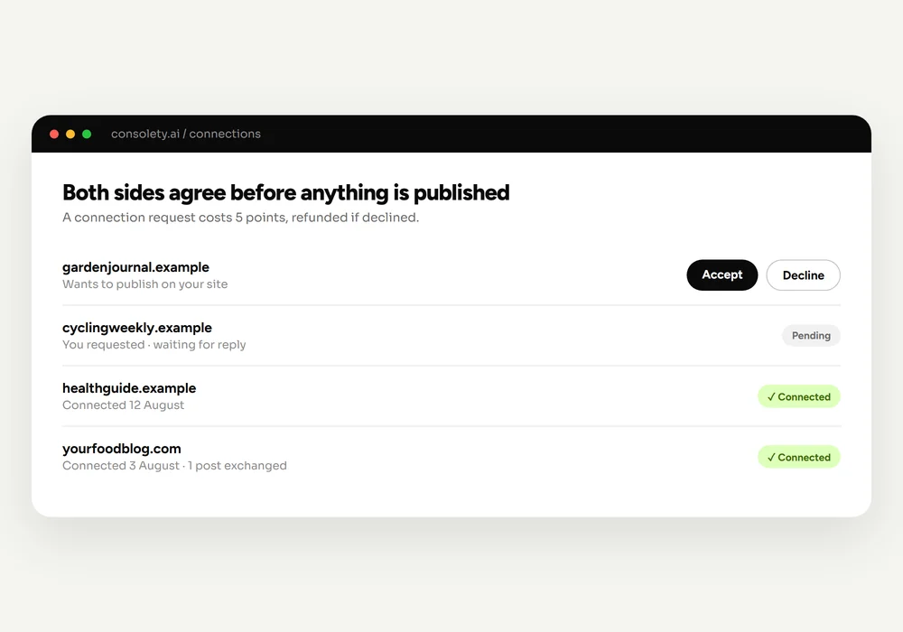Consolety connection requests screen with accept and decline actions between publishers
