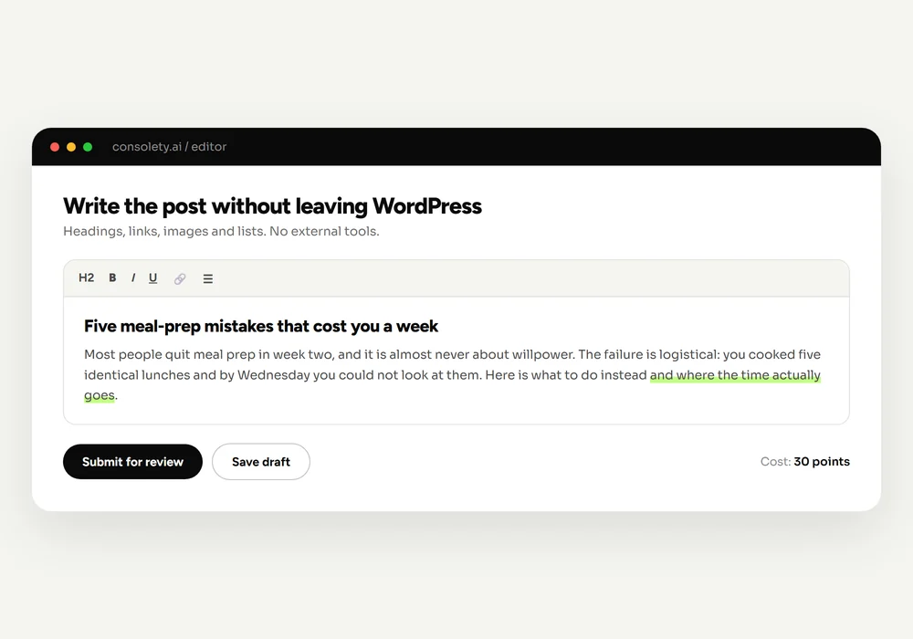 Consolety guest post editor with formatting toolbar and a draft article ready to submit