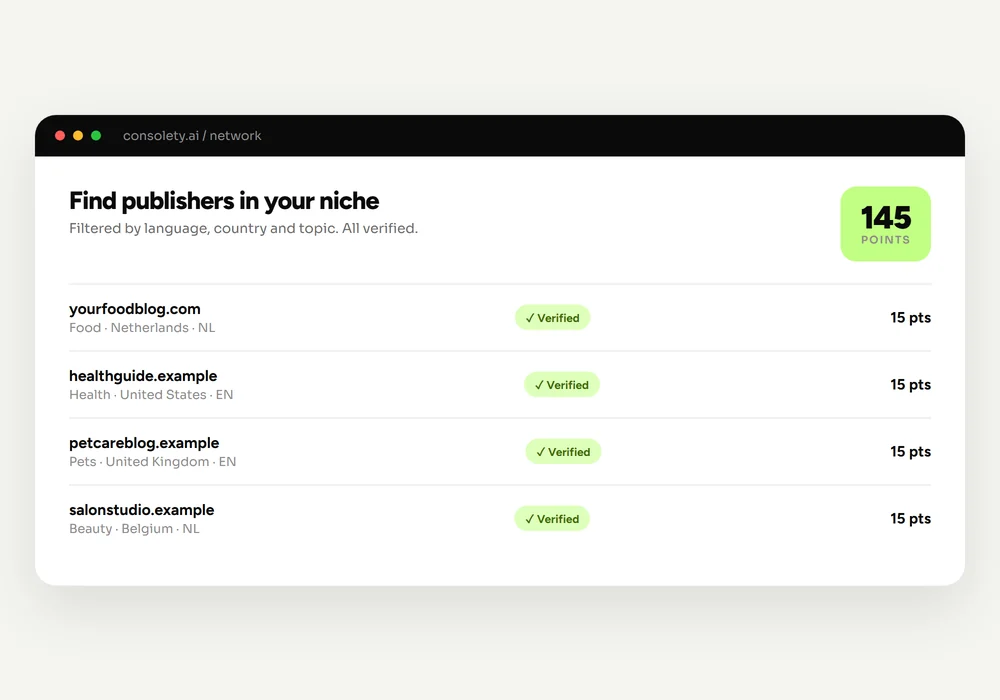 Consolety network discovery screen listing Search Console verified publishers by niche and country